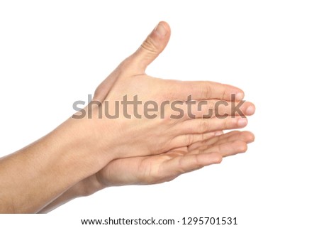 Man showing word stop on white background, closeup. Sign language