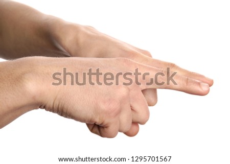 Man showing word same on white background, closeup. Sign language