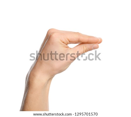 Man showing word no on white background, closeup. Sign language