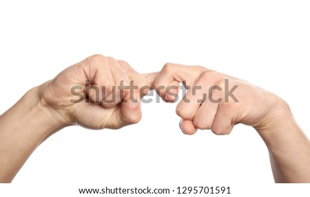 Man showing word friend on white background, closeup. Sign language