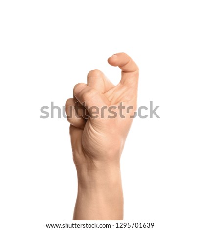 Man showing X letter on white background, closeup. Sign language