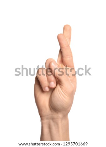 Man showing R letter on white background, closeup. Sign language