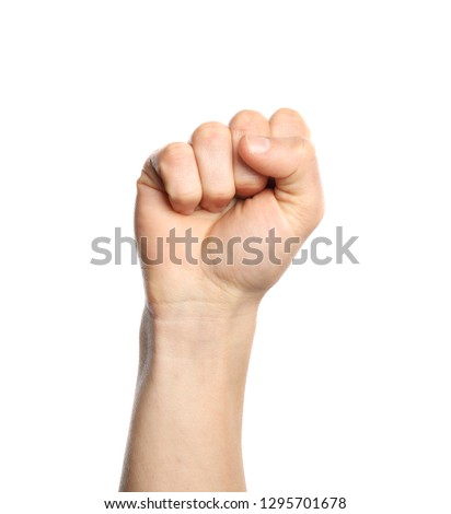 Man showing S letter on white background, closeup. Sign language