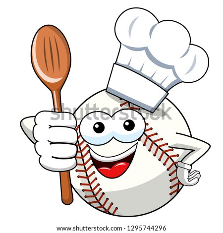 baseball ball character mascot cartoon cook wooden spoon vector isolated on white