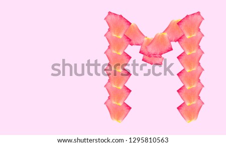 Rose petal letter M Background image, Rose Petal letters/alphabet/characters constructed from rose petal on white background and light pink background