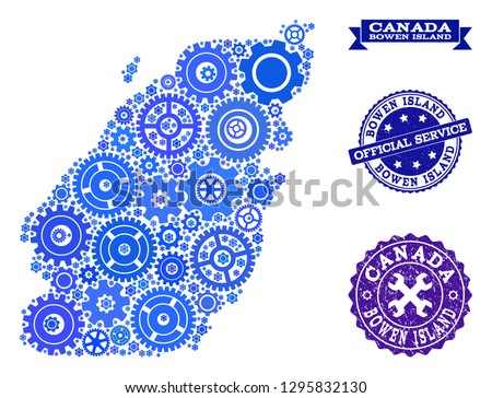 Map of Bowen Island created with blue engine symbols, and isolated grunge seals for official repair services. Vector abstract collage of map of Bowen Island with repair symbols in blue color tinges.