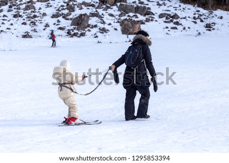 Children have fun and relax in the mountains in winter skiing.