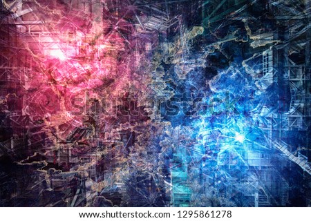 Psychedelic background with red and blue nebula as a hot and cold substance and it's fights, on an alien technology construction background. Collage. Elements of this image furnished by NASA.