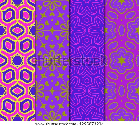 Set of Abstract Repeat Backdrop With Lace Floral Ornament. Seamless Design For Prints, Textile, Decor, Fabric. Super Vector Pattern. Blue, purple, orange color.