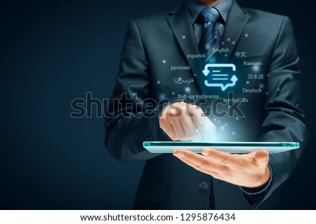 Translator app, language course and e-learning concept. Person with digital tablet, symbol of translation (speech bubble with arrows and abstract text) and top ten internet users languages.