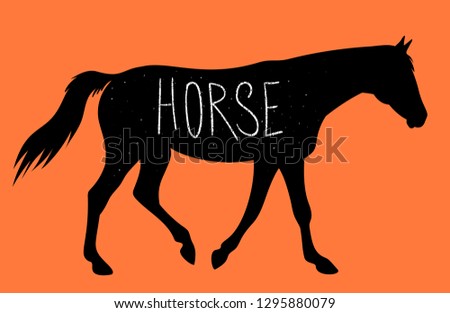Vector side view walking mustang silhouette with handwritten word horse typography poster template