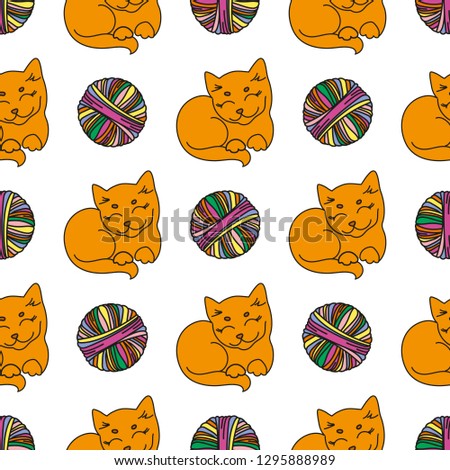 CAT AND WOOL Cartoon Animal Seamless Pattern Vector Illustration for Print, Fabric and Decoration.