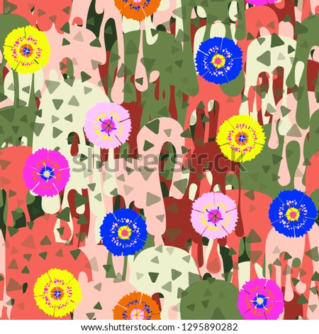 Seamless abstract pattern containing images of carnations. Easy to edit.
Background consisting of flowing colorful blots. Easy to edit.