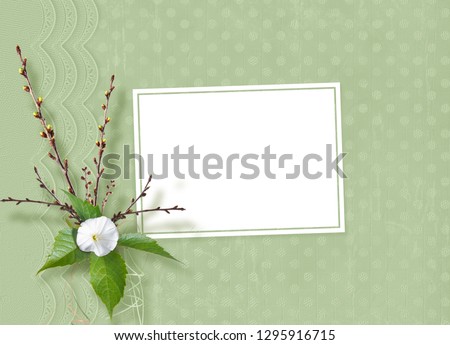 Beautiful delicate bouquet of bindweed and flowering branches with ribbons and bows in the style of scrapbook for invitations or greetings
