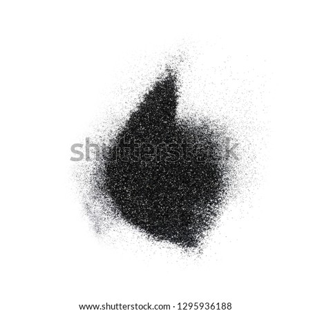 Heap of shiny black glitter on white background, top view