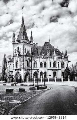 Beautiful Jakab's palace in Kosice city, Slovak republic. Architectural scene. Travel destination. Black and white photo.