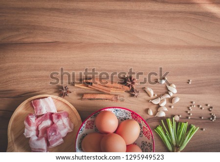 Ingredients of stewed eggs or Kai Palo in Thai. This picture can be used in such concept as Thai recipe, sweet soup, brown eggs, Thailand popular food, famous Thai dish, etc.  