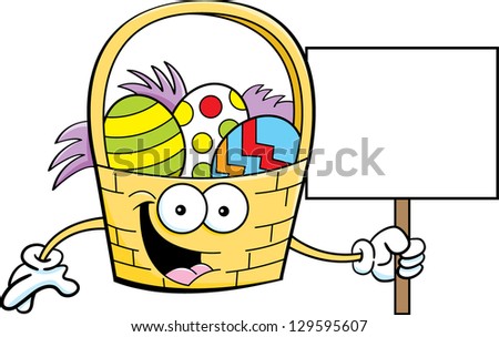 Cartoon illustration of an Easter basket holding a sign.