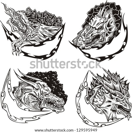Decorative templates with dragon heads for mascot design. Vector set.