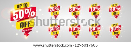 Sale tags set vector badges template, 10 off, 20 %, 90, 80, 30, 40, 50, 60, 70 percent sale label symbols, discount promotion flat icon with long shadow, clearance sale sticker emblem red rosette Royalty-Free Stock Photo #1296017605