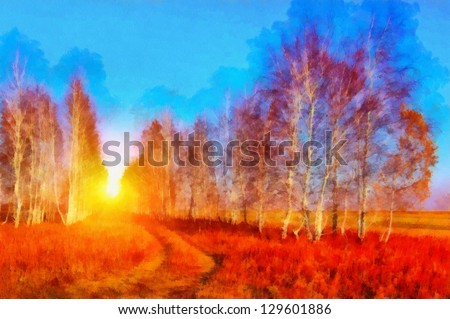 Digital structure of painting. Road in forest