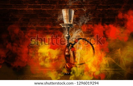 hookah on the background of a brick wall, neon light, smoke, smog