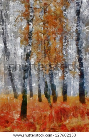 Digital structure of painting. Autumn birchwood