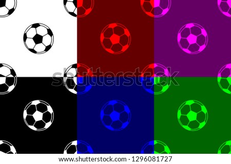 Soccer ball seamless pattern, Football ball (black, white, red, blue, green, purple) background set,