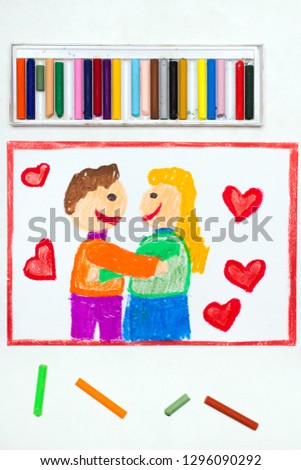 Colorful drawing: Happy couple cuddling surrounded by red heart. Valentine's Day