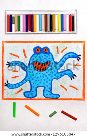 Colorful drawing: Cute blue monster with four hands ona orange eyes 
