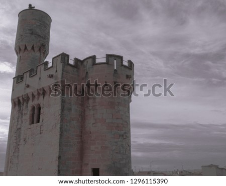 Castle of Olite in Navarra, Spain. With cloudy and gray sky. Photograph that supports text, with person at the top of the tower serving as a scale