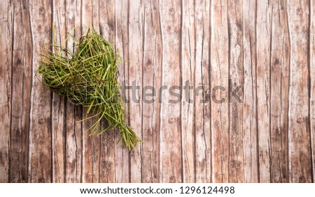 beautiful green grass. handmade nature heart as a sign of love on wooden backdrop.