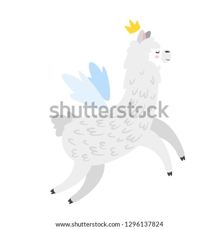 Cute lama. Alpaca animal with wings and golden crown. Vector illustration, isolated on white background. Design for poster, sticker or t-shirt.
