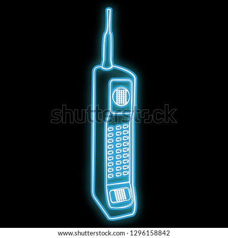 Beautiful abstract neon bright glowing icon, a signboard from an old retro mobile phone with antenna and buttons from the 70s, 80s, 90s and copy space on a black background. Vector.