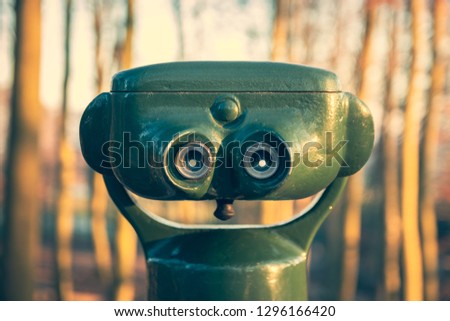 Green binoculars in the forest