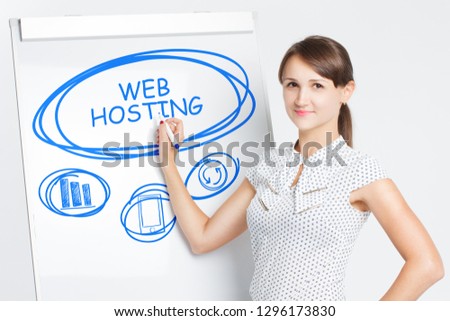 Business, Technology, Internet and network concept. A young entrepreneur writes on the blackboard the word: Web hosting