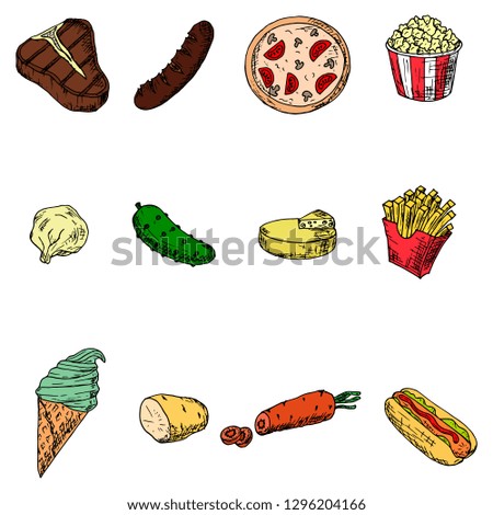 Hand-drawn set of food icons. Vector cartoon illustrations. Isolated objects on a white background.