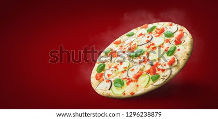 Hot smoked Italian pizza just from the oven, copy space, mockup. Vegetarian pizza concept