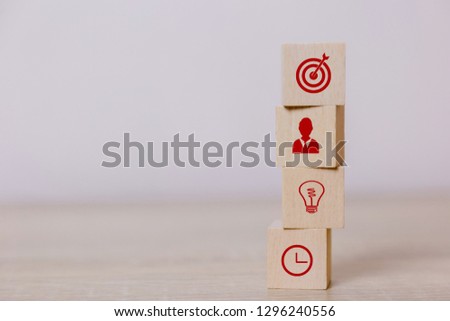 Place vertical wooden blocks Service concept of business to success Business strategy planning To market victory.