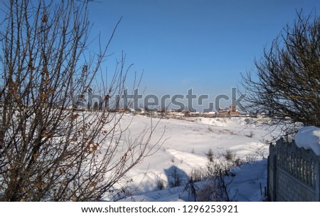 Sunny winter day in the countryside. Houses are visible in the distance.