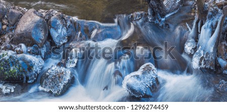 Panoramic image of icy river flow at winter