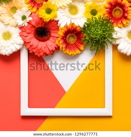 Happy Mother's Day, Women's Day, Valentine's Day or Birthday Living Coral Pantone Color Background. Coral flat lay greeting card template with beautiful gerbera flowers.