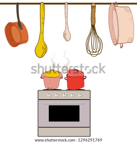 Hand Drawn cooking pots set in kitchen and two pot on cooker with steam.