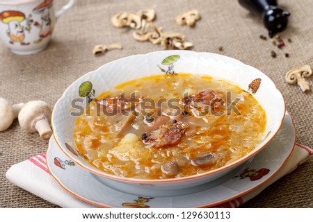 Traditional Slovak Cabbage soup with mushrooms