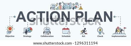 Action plan banner web icon for business and marketing. objective, strategy, Collaboration, Schedule, Plan and implementation. Minimal vector infographic. Royalty-Free Stock Photo #1296311194