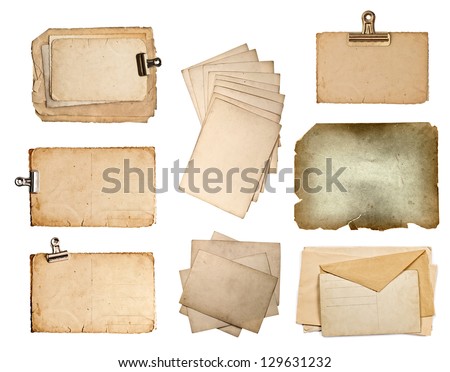 set of various old paper sheets. vintage photo album and book pages, cards, pieces isolated on white background