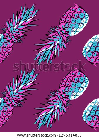 Seamless exotic pattern. Bright colored Tropical pineapple in a Zine Culture style. Textile composition, hand drawn style print. Vector illustration.