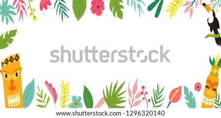 Trendy summer tropical banner with jungle leaves, toucan, tribal totems for invitations, greeting cards, web pages. Aloha, hawaiian, cocktail party