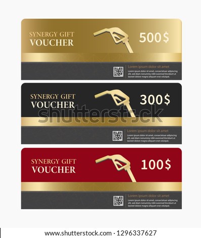 Synergy Gift Voucher template modern and elegant collection with QR code.Vector illustration. Set of Three difference colors. Gold for 500$, Black for 300$ and Red for 100$.
