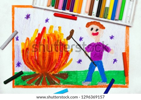 Colorful drawing: Smiling man cooking sausages over a campfire